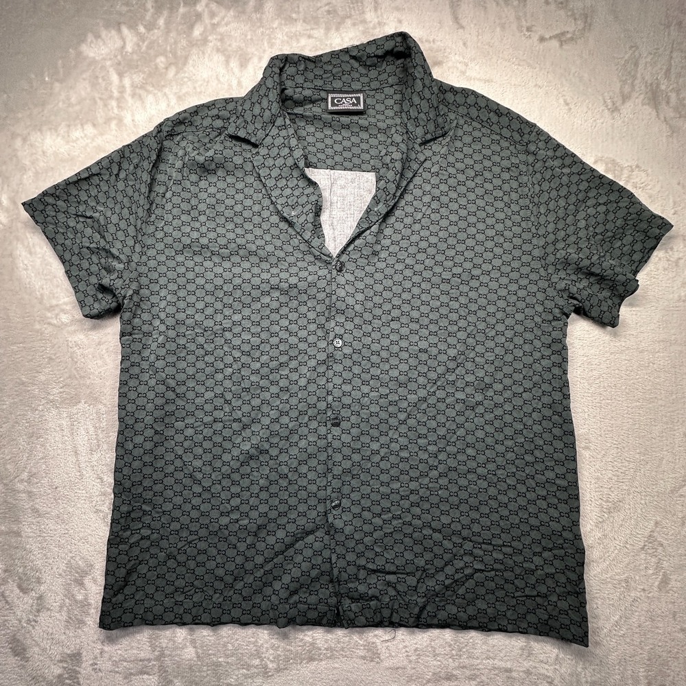 Casa Moda Couture Camp Shirt Mens Large Gray Black Short Sleeve Resort Button Up